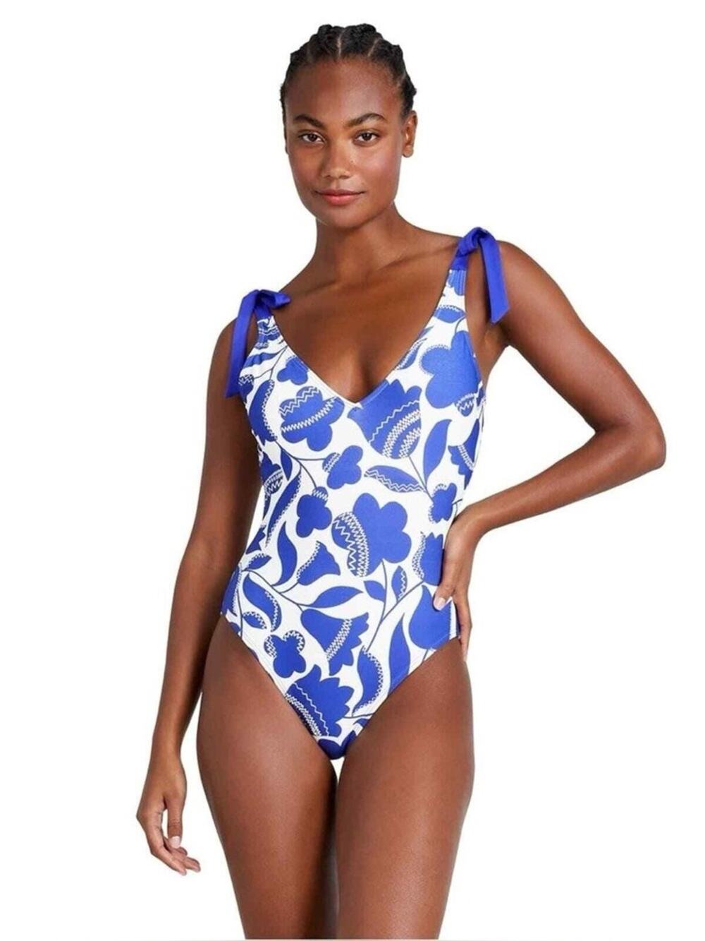 NEW Kate Spade Zigzag Blue and White Floral Bow-Strap V-Neck One-Piece - Size L